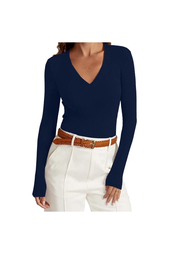 Womens V Neck Undershirt Long Sleeve Ribbed Knit Shirts Casual Basic Slim Fit Pullover Tops Lightweight Sweaters