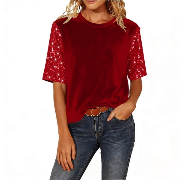 purcolt Womens Velvet Tops Glitter Sparkly Sequin Elbow-Length Sleeve Shirts Casual Crewneck Tunic Tops Blouses for Club Cocktail