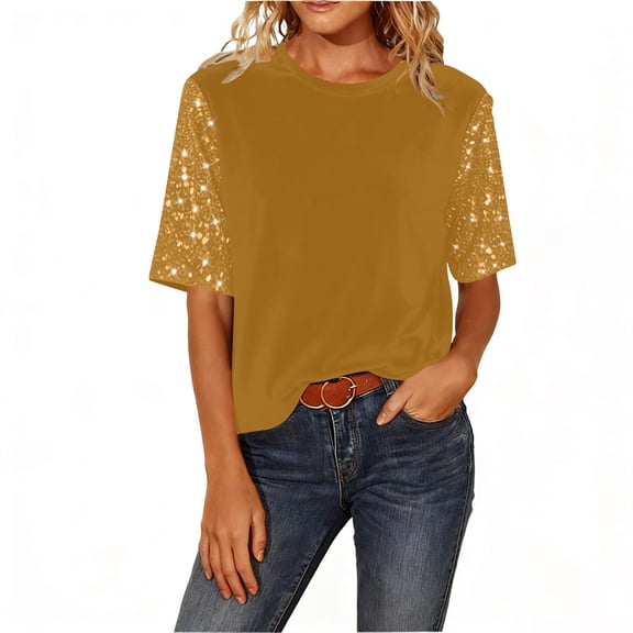 purcolt Womens Velvet Tops Glitter Sparkly Sequin Elbow-Length Sleeve Shirts Casual Crewneck Tunic Tops Blouses for Club Cocktail