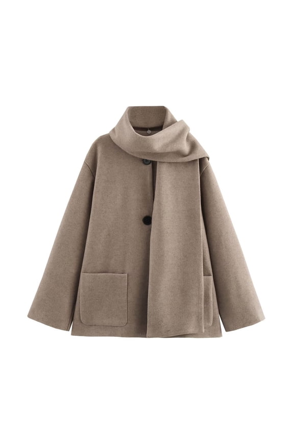 Womens Wool Blend Jacket with Detachable Scarf, Single Breasted Oversized Scarf Jackets, Loose Fit Warm Outerwear