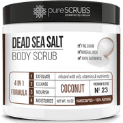 pureSCRUBS Premium Organic Body Scrub Set - Large 16oz COCONUT BODY SCRUB - Pure Dead Sea Salt Infused With Organic Essential Oils & Nutrients + FREE Wooden Spoon, Loofah & Mini Exfoliating Bar Soap