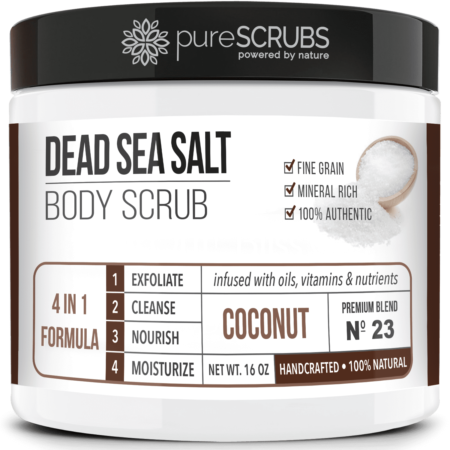 pureSCRUBS Premium Organic Body Scrub Set - Large 16oz COCONUT BODY SCRUB - Pure Dead Sea Salt Infused With Organic Essential Oils & Nutrients + FREE Wooden Spoon, Loofah & Mini Exfoliating Bar Soap