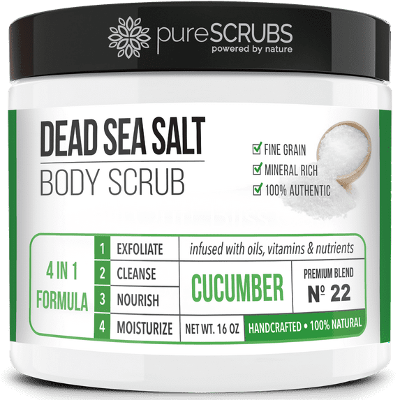pureSCRUBS Premium Organic Body Scrub Set - Large 16oz CUCUMBER BODY SCRUB - Pure Dead Sea Salt Infused With Organic Essential Oils & Nutrients + FREE Wooden Spoon, Loofah & Mini Exfoliating Bar Soap