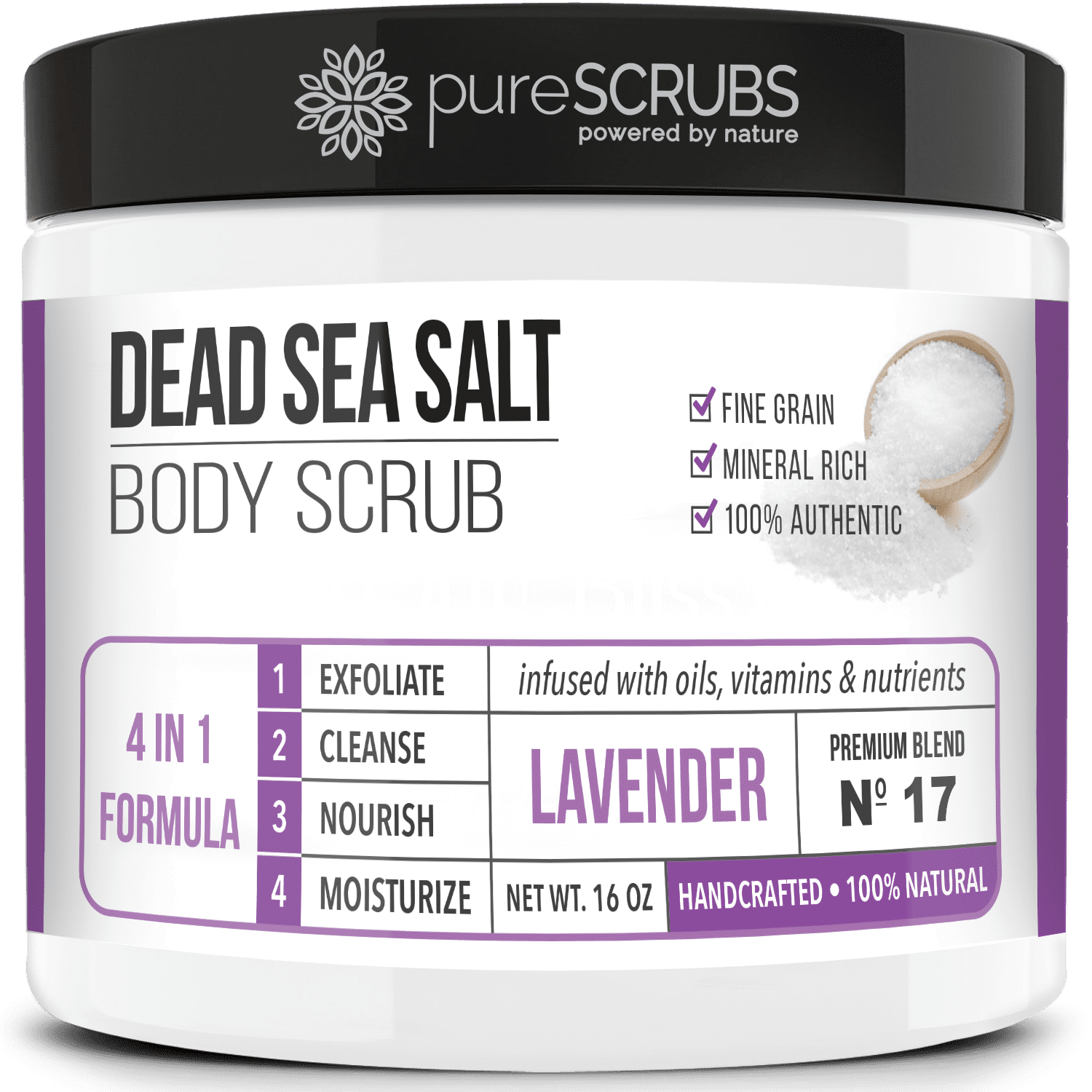 pureSCRUBS Premium Organic Body Scrub Set - Large 16oz LAVENDER BODY SCRUB - Pure Dead Sea Salt Infused, Organic Essential Oils & Nutrients + FREE Wooden Spoon, Loofah & Mini Exfoliating Bar Soap