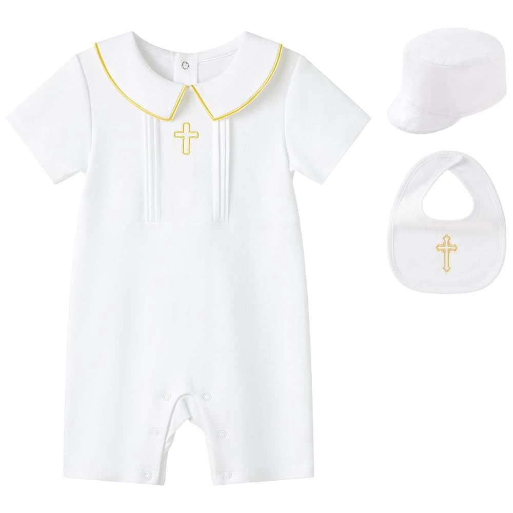 pureborn Baby Boys Baptism Outfits Short Sleeve Christening Romper Cotton One-Piece Outfit with Bonnet and Bib 3 Pcs White 0-3 Months