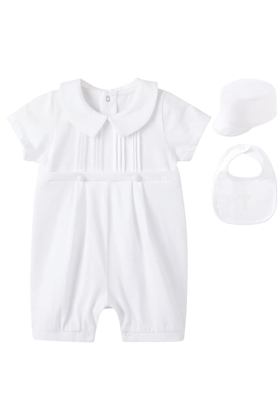 Baby Boys Baptism Outfits Short Sleeve Romper with Bonnet and bib Cotton Christening Clothing White 3-6 Months White