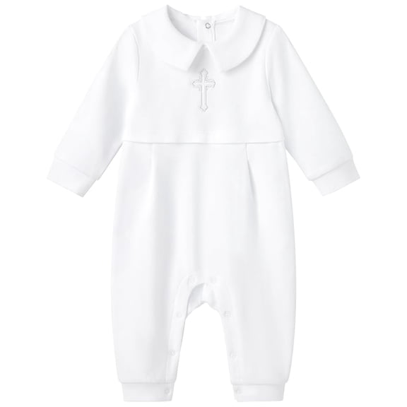pureborn Baby Boys Baptism Romper Cotton Long Sleeve Christening Jumpsuit For Infant Boy Baptism Outfit White Newborn
