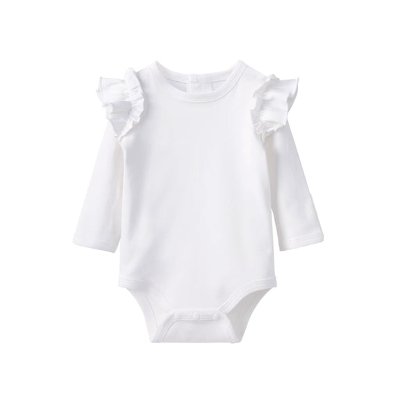 pureborn Baby Girls Cotton Bodysuit Infant Girl Long Sleeve Ruffle Shoulder White Spring Fall Outfit 12-18 Months
