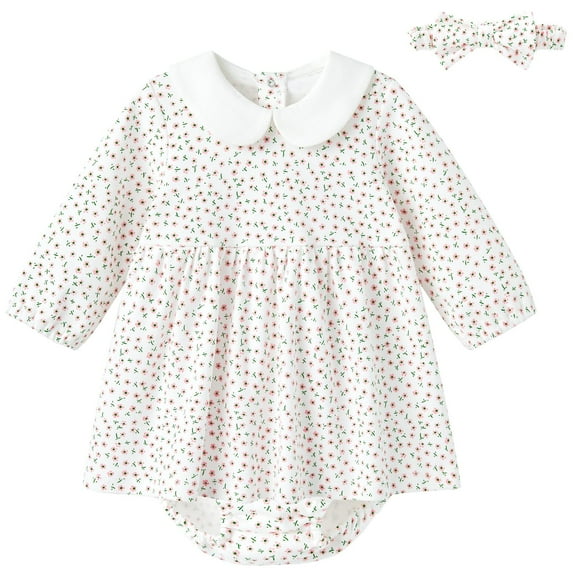 pureborn Baby Girls Long Sleeve Cotton Dress with Bloomer Playwear Dress with Headband Pink Flower 6-9 Months