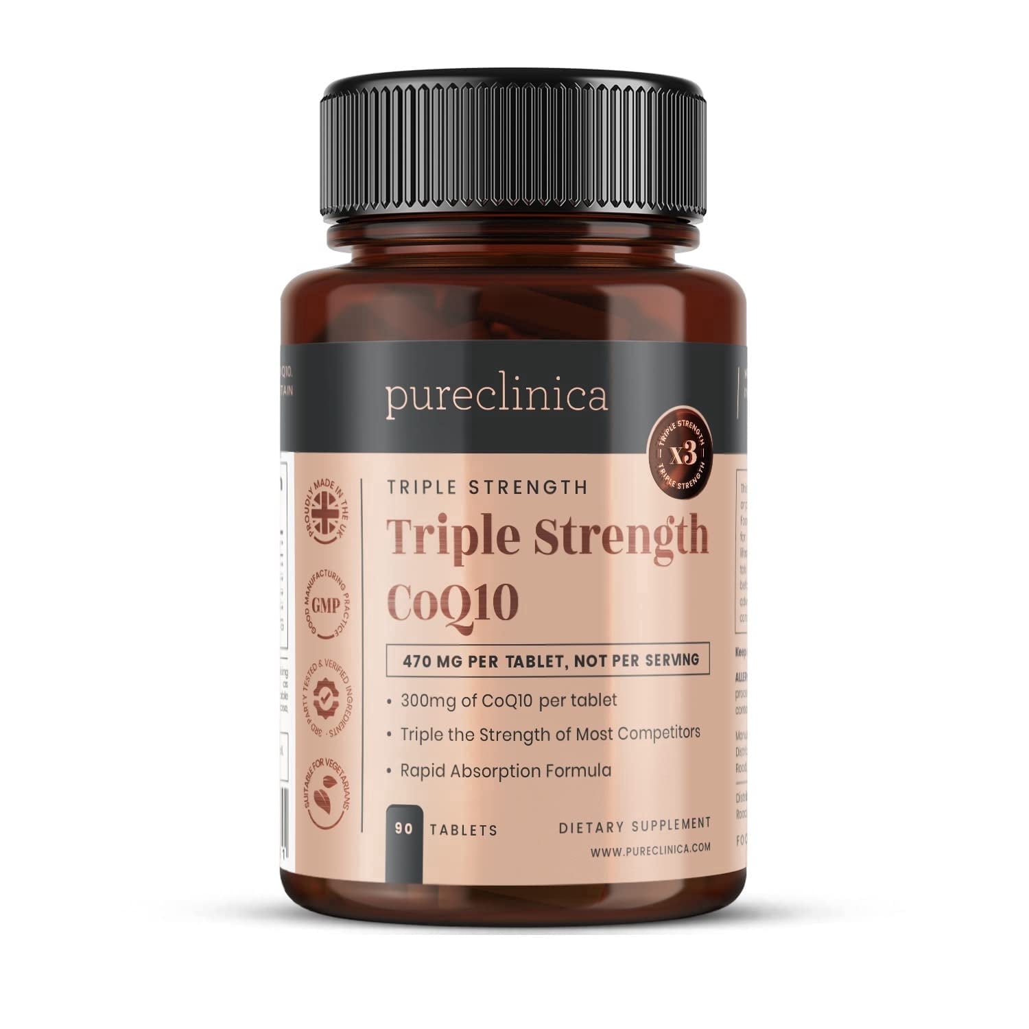 Pureclinica Fermented CoQ10 300mg x 90 Tablets. Non GMO, USP Grade with Added Vitamin C and Black Pepper Extract for Absorption.
