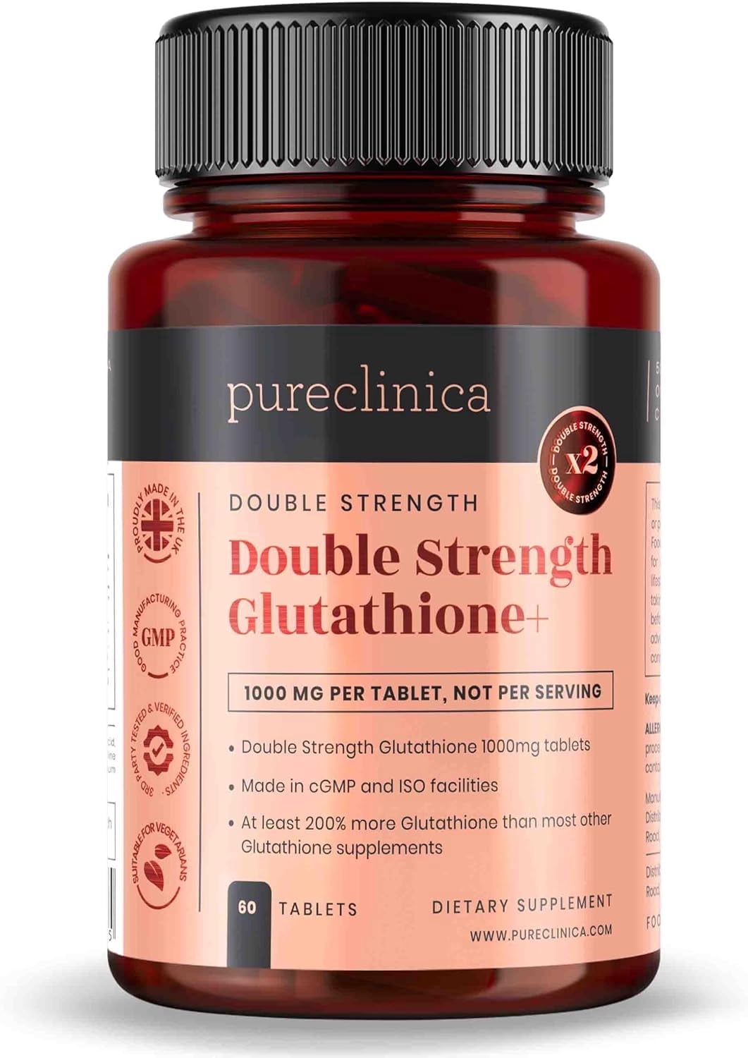 PureClinica Glutathione 1000mg – 60 Tablets – 500mg Reduced Glutathione with Alpha Lipoic Acid & Vitamin C – Antioxidant & Cellular Health Support