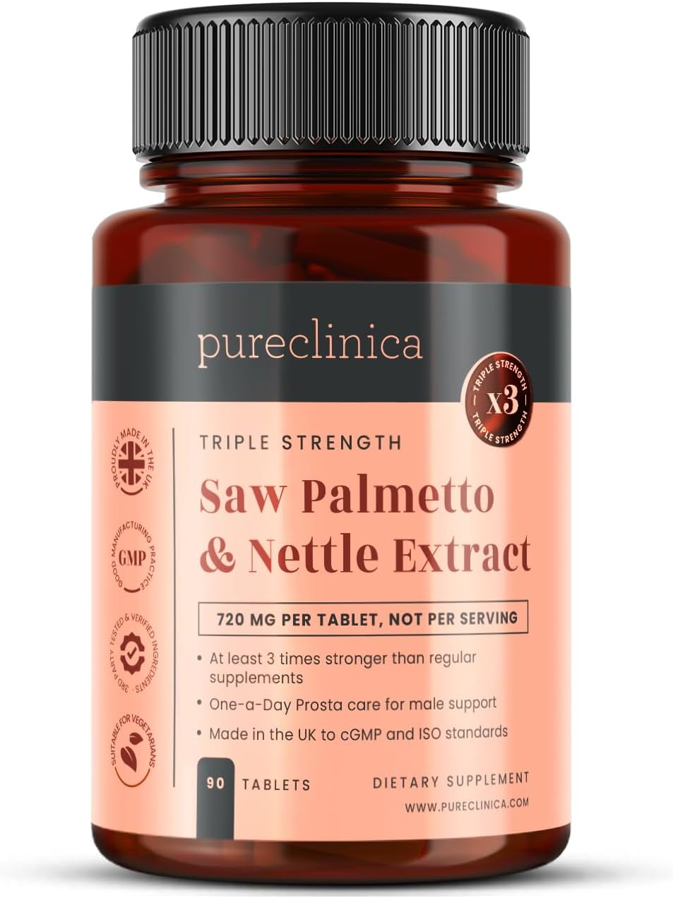 pureclinica Triple Strength Saw Palmetto & Nettle Root – With Calcium – Herbal Botanical Supplement, Non-GMO – 90 Tablets (3-Month Supply)