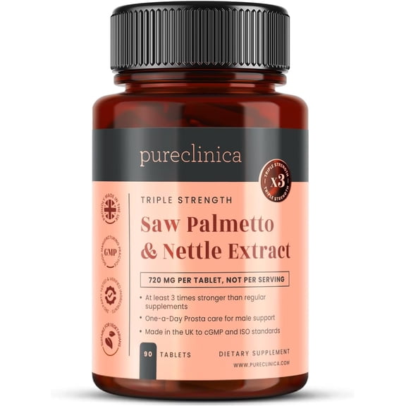 pureclinica Triple Strength Saw Palmetto & Nettle Root With Calcium Herbal Botanical Supplement, Non-GMO 90 Tablets (3-Month Supply)