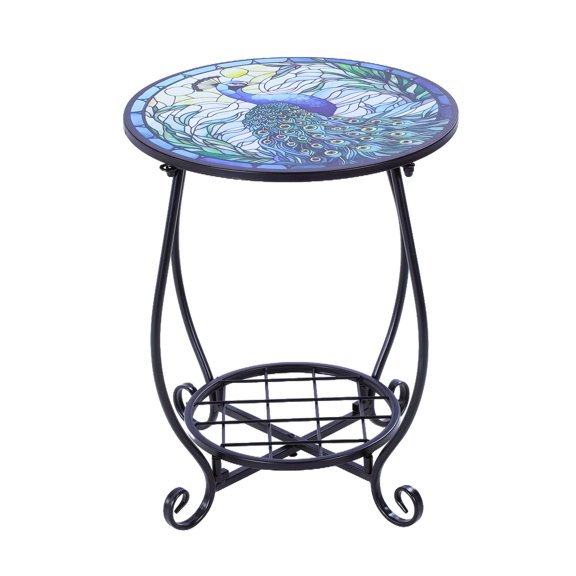 puresly 14 Inch Round Metal End Table Storage Shelf for Home Patio Garden (Peacock Blue)
