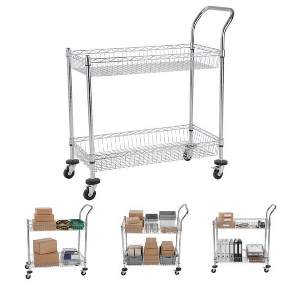 puresly 2 Tier Trolly Cart with Wheels 550 Lbs Capacity Rolling Mail Office File Cart L35.43xw17.72xh42.13 Inch for Laundry Shopping Grocery Luggage Restaurant
