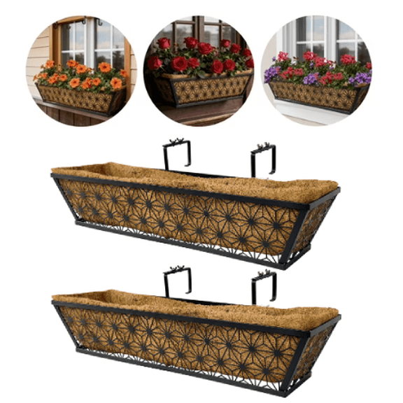 puresly 2Pack 24-inch Window Deck Railing Planter Boxes, Metal Hanging Flower Baskets with Coconut Fiber Lining, Adjustable Hooks, Suitable for Gardens, Balconies, and Gardens