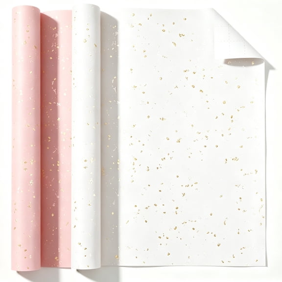 puresly 2pcs 43cm X 10m Luxury Gift Wrap Paper with Solid Ribbons Exquisite Wrap Paper Rolls Gold Silver Foil Flake for Floral Bouquets Wedding Party Decoration (White Pink)
