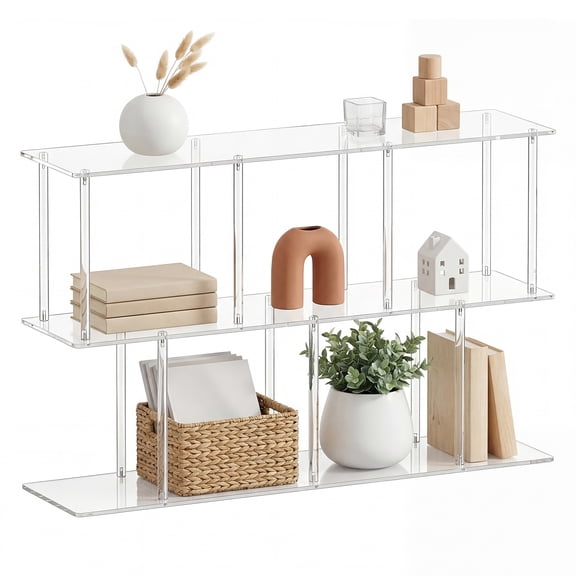 puresly 3-Tier Acrylic Bookshelf 11.8''D X 47.2''W X 24.6''H Clear Long Bookcase with Large Storage Horizontal Bookshelf Easy Assembly for Home Office Living Room Bedroom