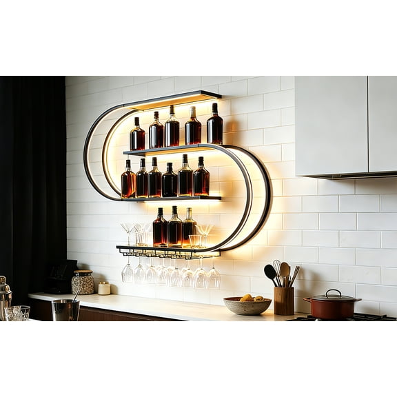 puresly 4-Tiers Wall Mounted Wine Rack with Led Light Liquor Bottle Display Storage Shelf with Glass Holder Liquor Cabinet for Home Bar Dining Room Kitchen Living Room (Black 150x20x120)