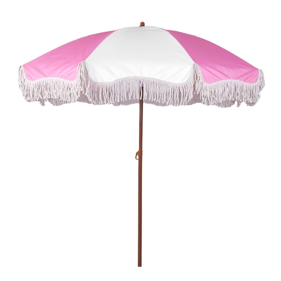 puresly Boho Beach Umbrella with Fringe Adjustable Patio Umbrellas Protection Parasol for Garden Table Pool (White Pink)