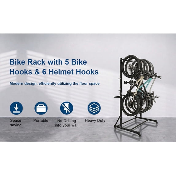 puresly Freestanding Storage Rack with Locking Casters & 6 Hooks Mobile Freestanding Vertical Rack Holds Up To 5 Bikes Vertical Storage Stand Height Adjustable for Garage Basement & Home