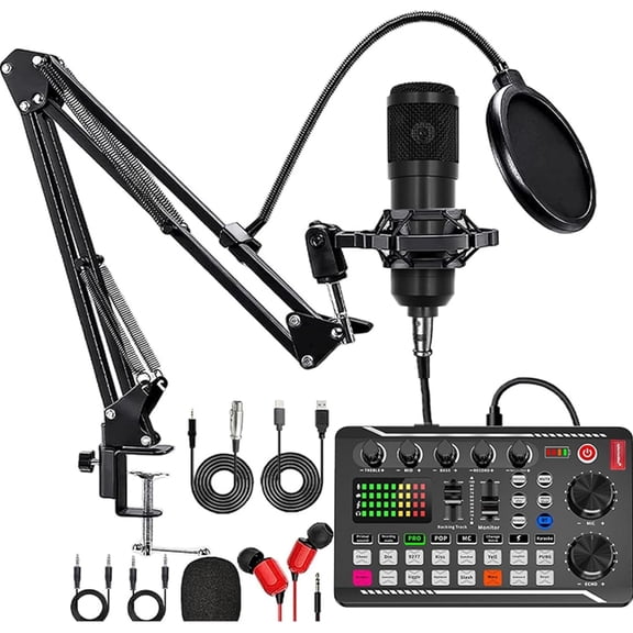 puresly Podcast Microphone Suit W/sound Card Audio Mixer Condenser Mic Dj Mixer (Black)
