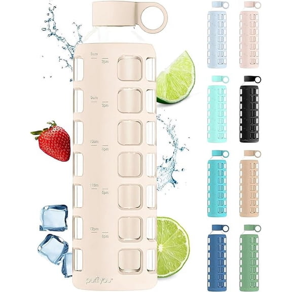 purifyou 40/32/22/12 oz Borosilicate Glass Water Bottles with Volume & Times to Drink, Extra Thick Silicone Sleeve, Reusable Bottle for Fridge Water Milk Juice (32oz Pearled Ivory)