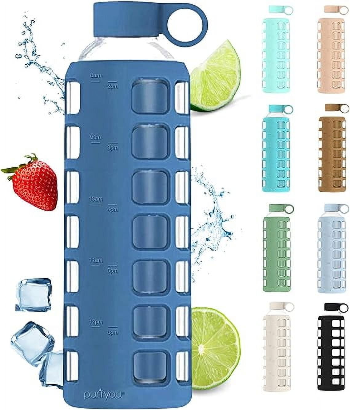 purifyou 40/32/22/12 oz Borosilicate Glass Water Bottles with Volume & Times to Drink, Silicone Sleeve & Stainless Steel Lid Insert, Reusable Bottle for Fridge Water, Juice (40oz Chinese Porcelain)