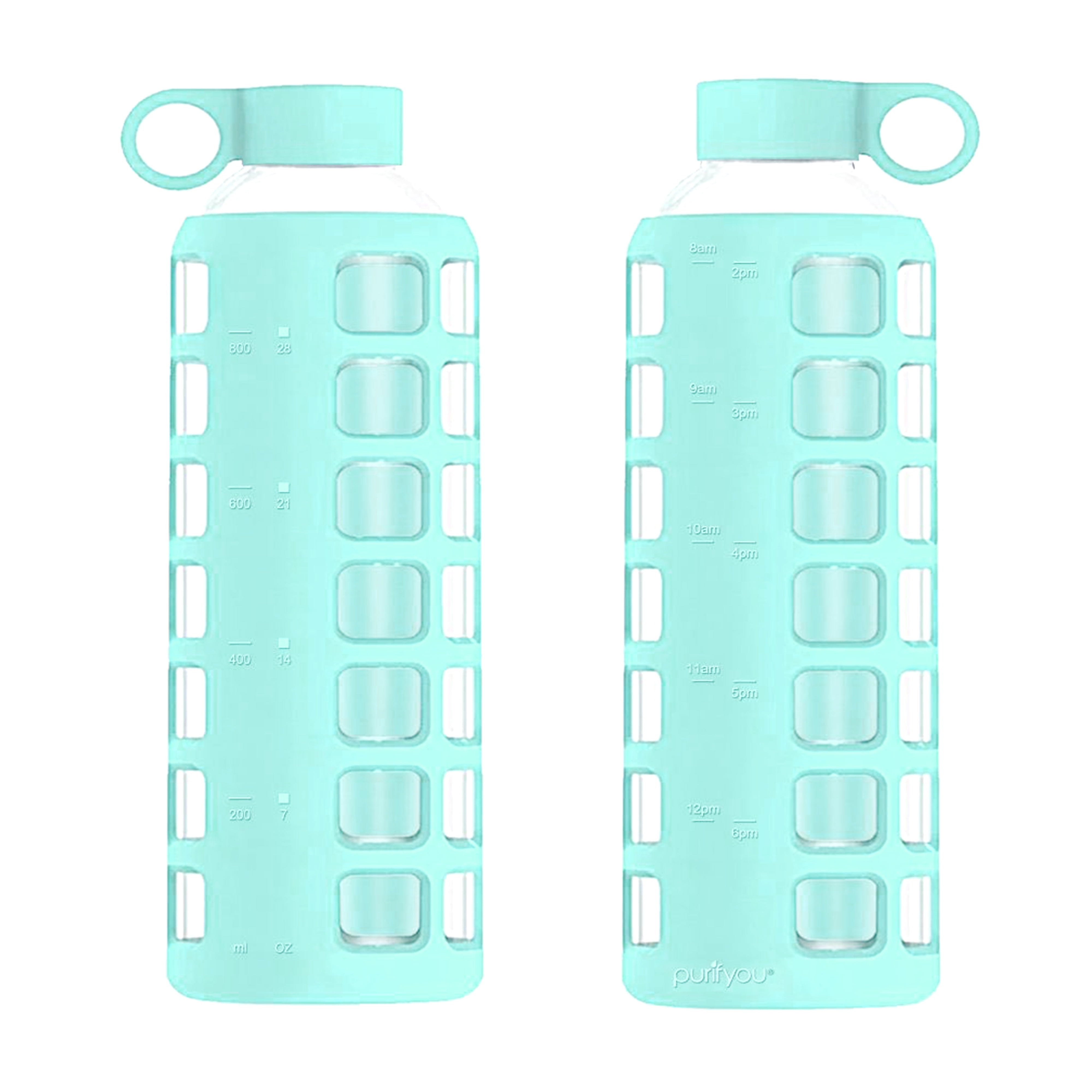 purifyou Glass Water Bottle with Ultra-Soft Silicone Sleeve & Stainless Steel Lid Insert (Set of 2 Glow in The Dark, 32 oz)