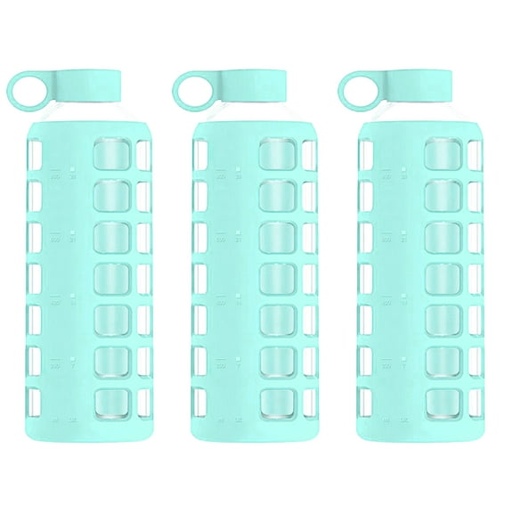 purifyou Glass Water Bottle with Ultra-Soft Silicone Sleeve & Stainless Steel Lid Insert (Set of 3 Glow in The Dark, 32 oz)