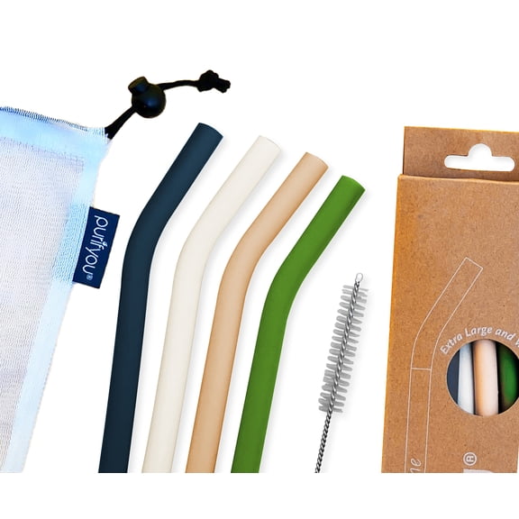 purifyou Platinum Silicone Straws, 14 inch Extra Long & Wide for Boba & Smoothies, Soft Reusable Straws with Breathable Transport Bag & Cleaning Brush USD$1999USD$19.99