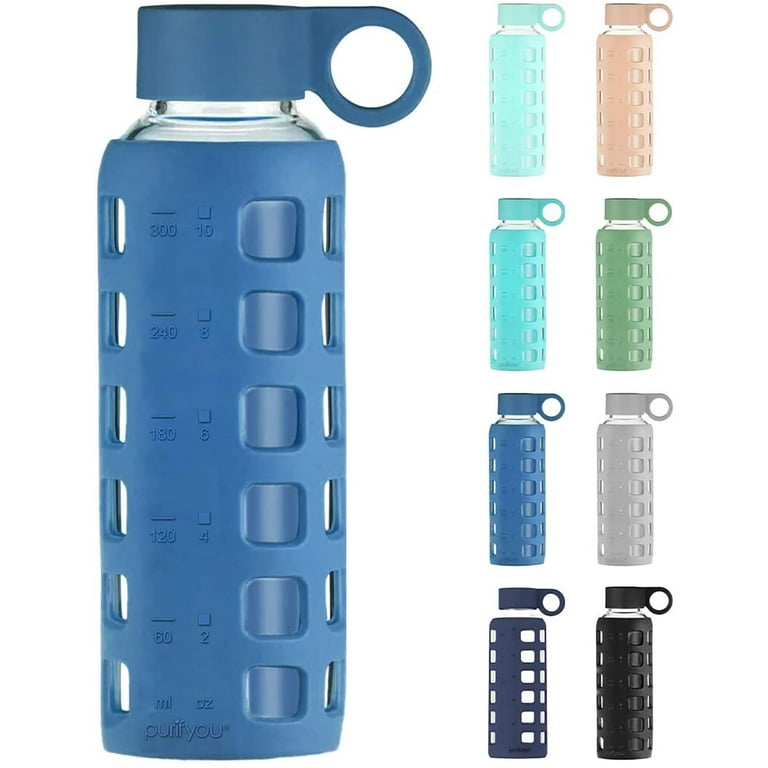 Purifyou Premium Glass Water Bottle with Non-Slip Silicone Sleeve and Stainless Steel Lid Insert, 12 oz - Steel Blue