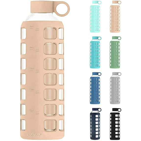 purifyou Premium 32 oz Reusable Glass Water Bottles with Time and Volume Markings, Non-Slip Silicone Sleeve & Stainless Steel Lid Insert, for Water, Milk, Juice