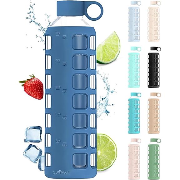 purifyou Premium 40 / 32 / 22 / 12 oz Glass Water Bottles with Times to Drink and Volume, Silicone Sleeve & Stainless Steel Lid Insert, Reusable for Fridge Water, Fruit Juice (32oz Chinese Porcelain)
