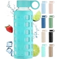 thumbnail image 1 of purifyou Premium 40/32 / 22/12 oz Glass Water Bottles with Volume & Times to Drink, Silicone Sleeve & Stainless Steel Lid Insert, Reusable Bottle for Fridge Water, Milk, Juice, 1 of 5