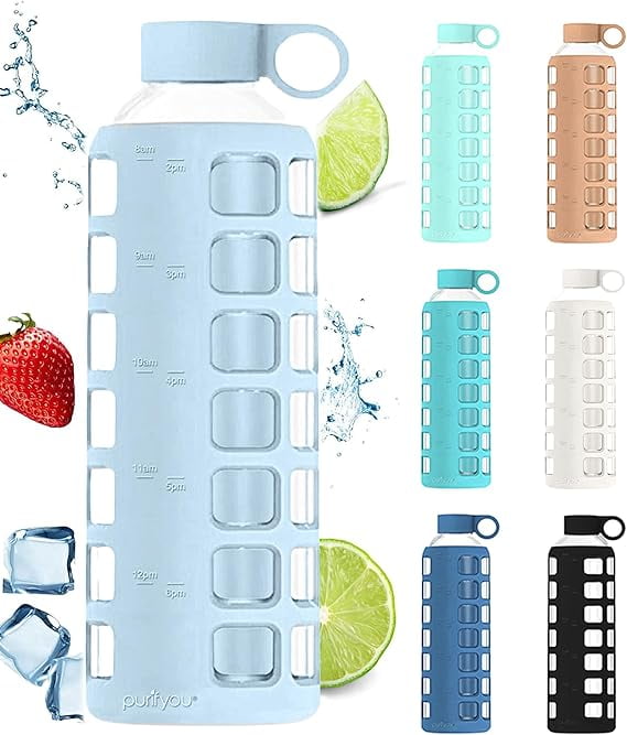 purifyou Premium 40/32/22/12 oz Reusable Borosilicate Glass Water Bottles with Time and Volume Markings, Non-Slip Silicone Sleeve & Stainless Steel Lid Insert (40oz Ice Blue)