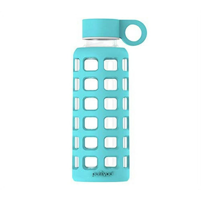 Purifyou Premium Glass Water Bottle with Silicone Sleeve & Stainless Steel Lid Insert, 12 oz, Aqua Blue