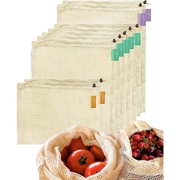 purifyou Premium Organic Cotton Storage Produce Bags - (Set of 9) 2x Extra Large, 5x Large, 2x Small Reusable Mesh Produce Bags, Raw & Unbleached, for Vegetable, Fruit, Food, Snack, Storage