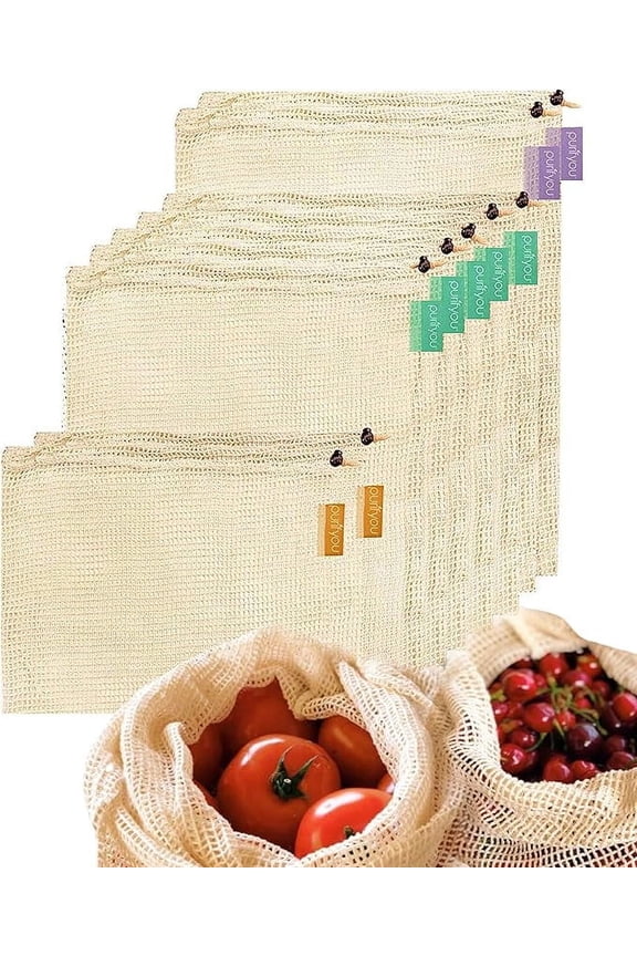 Premium Organic Cotton Storage Produce Bags - (Set of 9) 2x Extra Large, 5x Large, 2x Small Reusable Mesh Produce Bags, Raw & Unbleached, for Vegetable, Fruit, Food, Snack, Storage