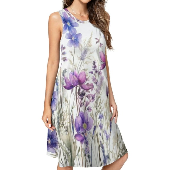 purple flowers Wildflowers Spring Summer Dresses for Women Fashion T-shirt Dress Casual Sleeveless Loose Sundress with Pockets