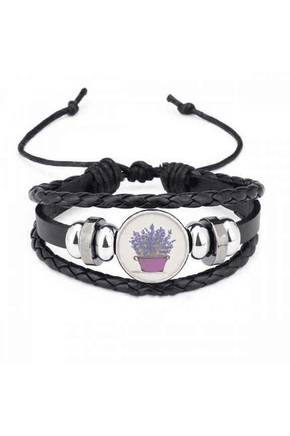purple lavender pot flower bracelet braided leather woven wristband