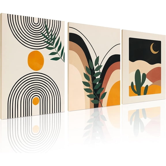 puthiac Boho Wall Art Posters - Set of 3 Framed Canvas Minimalist Neutral Abstract Artwork Modern Boho Home Wall Decor for Office Living Room Bedroom Bathroom Home Decor