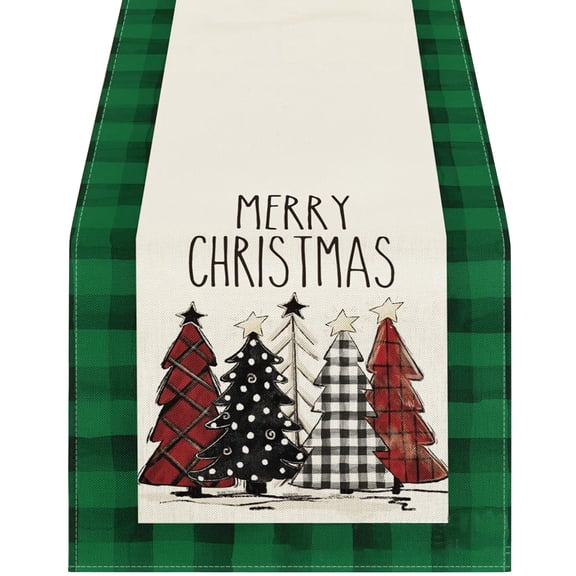 putnchl 13x72 Inch Mode Waterclor Plaid Christmas Trees Merry Xmas Table Runner, Seasonal Winter Holiday Kitchen Dining Table Christmas Decoration For Indoor Home Party