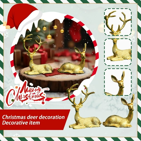 putnchl 2-Piece Golden Deer Figurines, Handmade Deers Sculptures, Small Gold Animal Statues for Christmas Home Decor, Table and TV Cabinet Ornaments, Halloween Thanksgiving