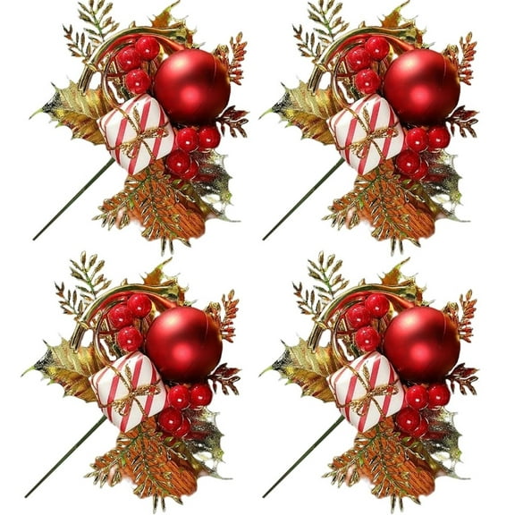 putnchl 4 Pc Artificial Christmas Assorted Holly Picks Stems Branches Picks Spray With Holly Leaves For Christmas Tree Floral Wreath Winter Holiday Season Decorations