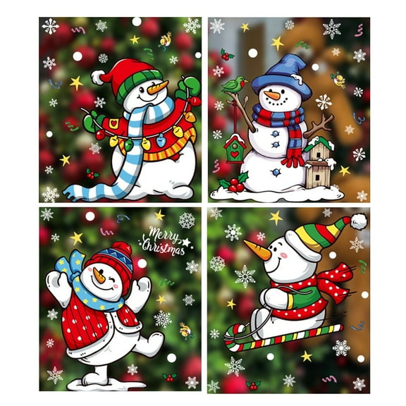 putnchl Christmas Decoration Cartoon Snowman Glass Window Stickers, Window Stickers, Snowflake Snow Scenery Decoration, 4 Pieces