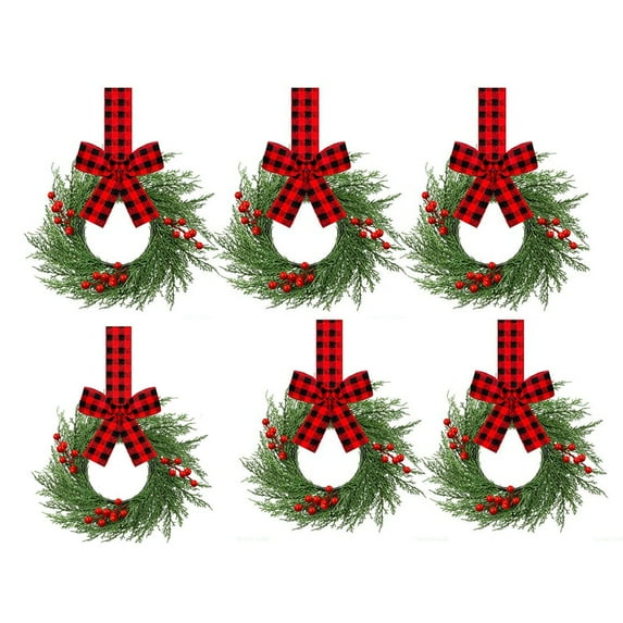 putnchl Christmas Kitchen Cabinet Wreaths With Plaid Bow Ribbon Hanging Cabinet Doors Wreaths Decorative For Kitchen Window Outdoor Indoor Holiday Decor