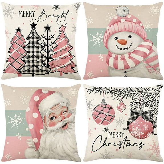 putnchl Christmas Pillow Covers - 18x18 Inch Set of 4, Pink Santa Snowman Tree Throw Pillow Covers, Winter Holiday Cushion Case Decoration for Sofa Couch