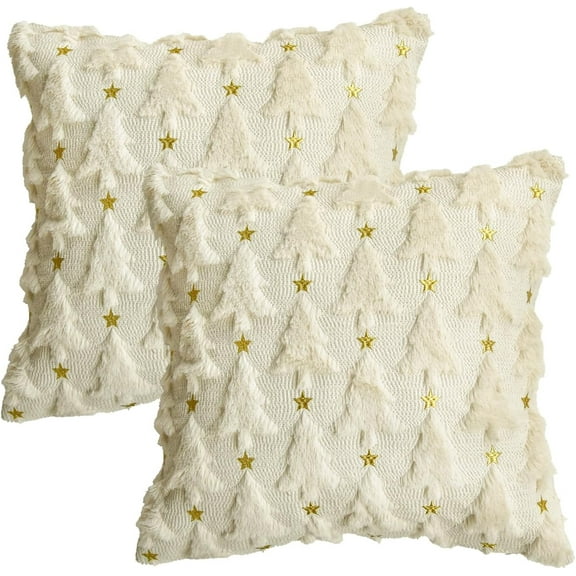 putnchl Christmas Tree Star Green Throw Pillow Cover Set of 2, 18 x 18 Inch Soft Plush Faux Fur Jacquard Festivals Winter Cushion Case Decoration for Sofa Couch（Beige）