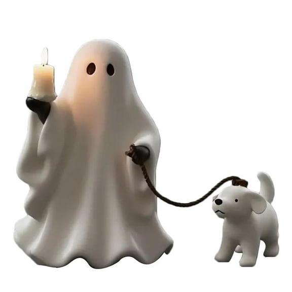 putnchl Ghosts And Puppy Candle Holder, Whimsical Halloween Statue, Ghosts Walking Dog Halloween Statue, Shelf, Table, Home Decor
